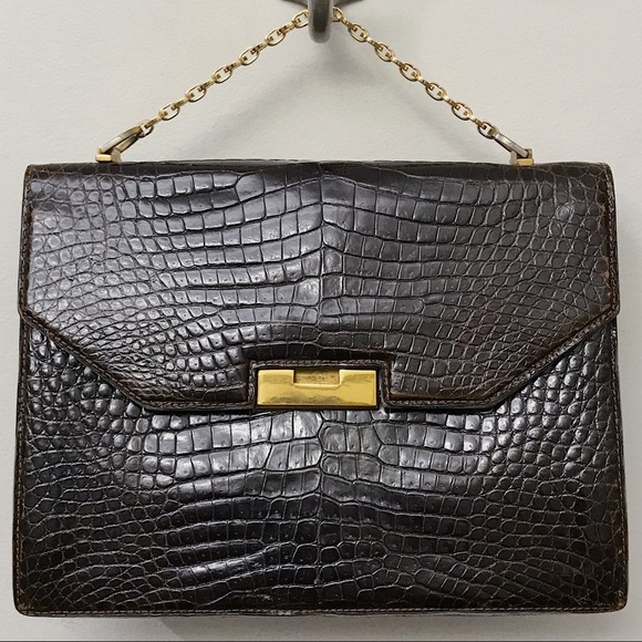 Gucci Brown Alligator Skin Top Handle Crossbody Bag Vintage Minimal Chic